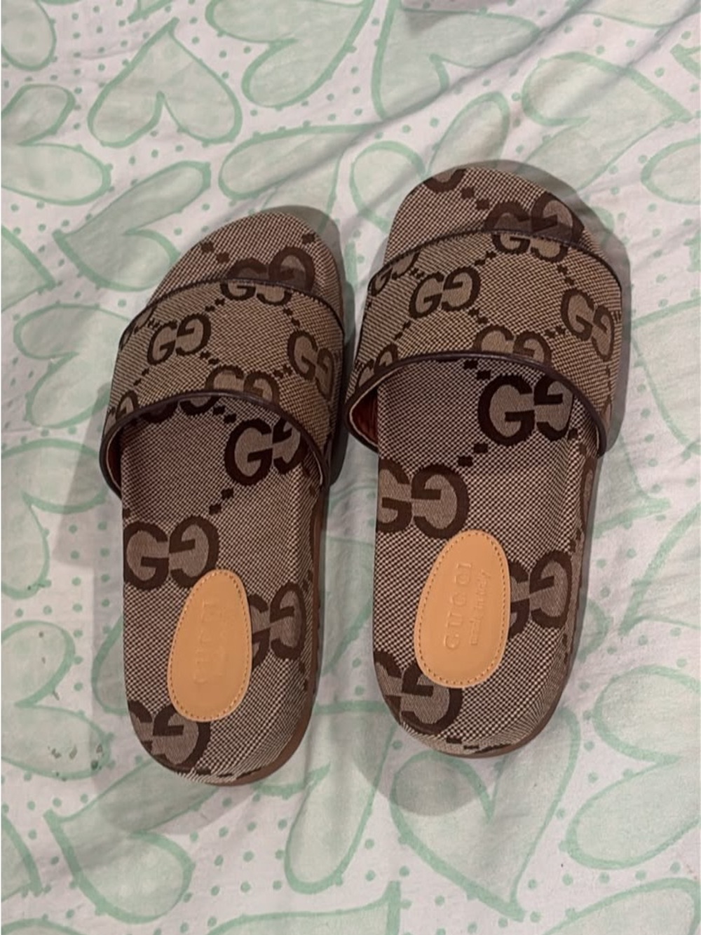 Gucci Brown GG Canvas Slide Sandals with Tan Insole Patch
